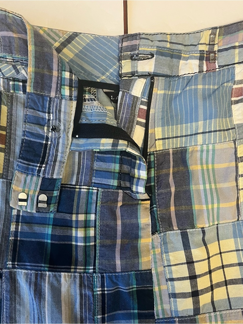 Vintage Y2K Larry Levine Preppy Mini Skirt Madras Blue Plaid Patchwork Cotton 10 - Picture 8 of 13
